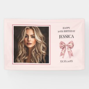 Modern Pink Happy 30th Birthday Photo Thirty Bow Banner