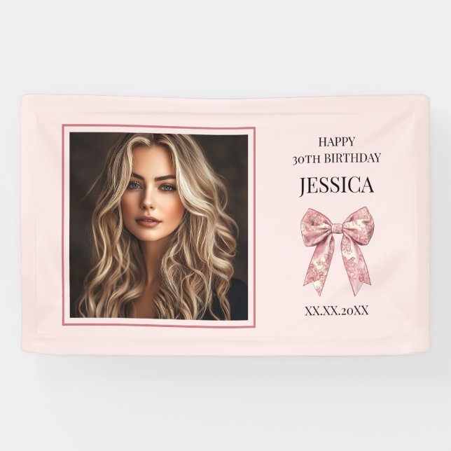 Modern Pink Happy 30th Birthday Photo Thirty Bow Banner (Horizontal)
