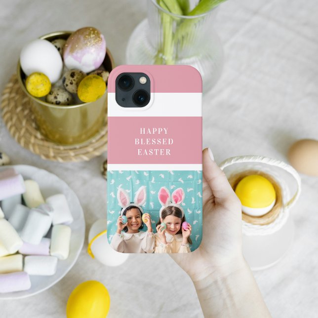 Modern Pink Happy Blessed Easter | Photo Gift Case-Mate iPhone Case (Creator Uploaded)