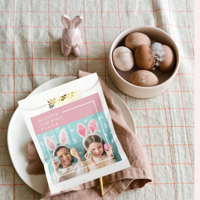 Modern Pink Happy Blessed Easter | Photo Gift Favour Bags (Creator Uploaded)