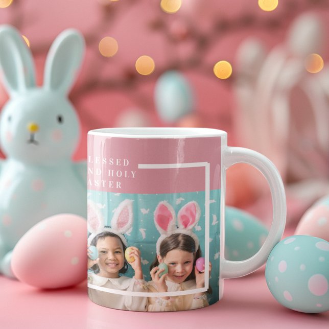 Modern Pink Happy Blessed Easter | Photo Gift Mug (Creator Uploaded)
