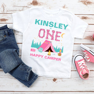 Modern Pink Happy Camper Themed 1st Birthday  Baby T-Shirt