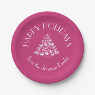 Modern Pink Happy Holidays Christmas Paper Plate