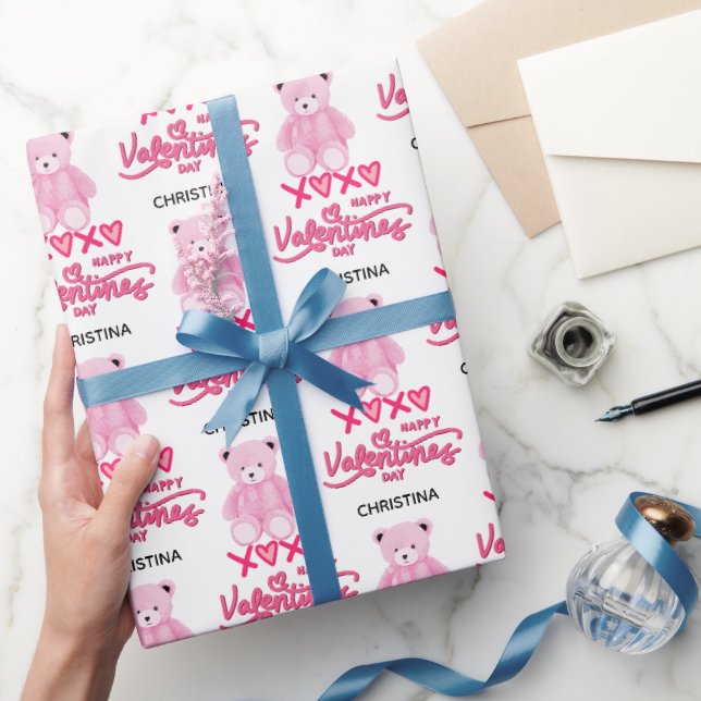 Modern Pink Happy Valentines Day Script Teddy Bear Wrapping Paper (Gifting)