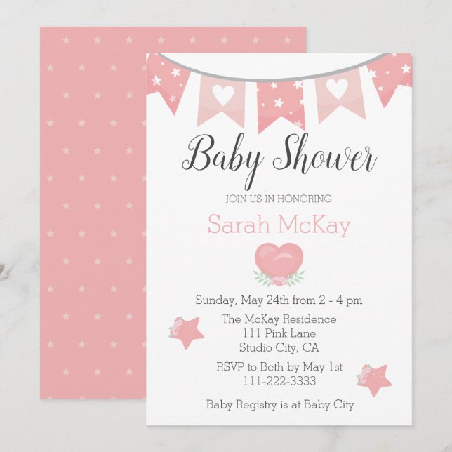 Modern Pink Heart Baby Girl Baby Shower Invitation (Front/Back)
