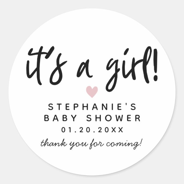 Modern Pink Heart Baby Shower Classic Round Sticker (Front)