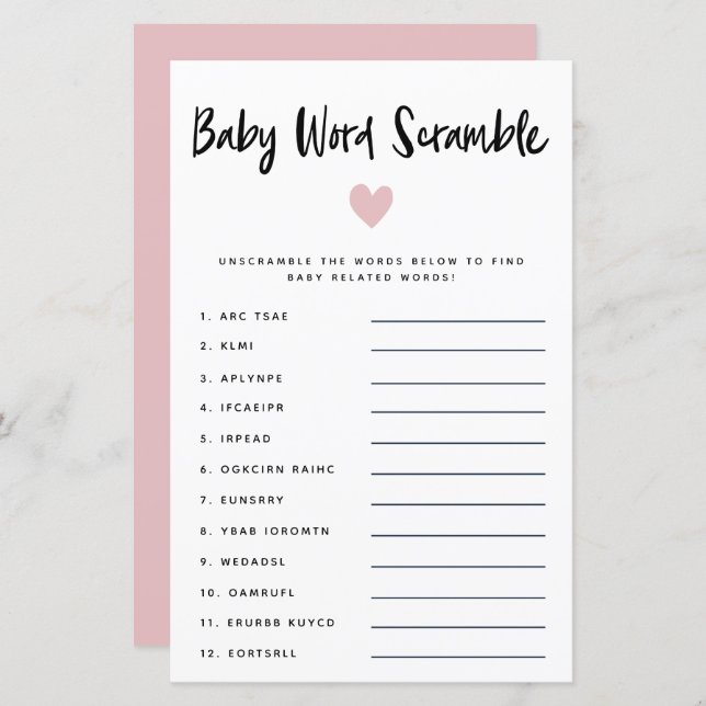 Modern Pink Heart Baby Word Scramble Game  (Front/Back)