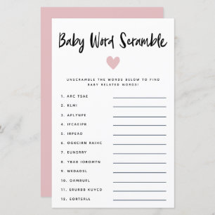 Modern Pink Heart Baby Word Scramble Game 