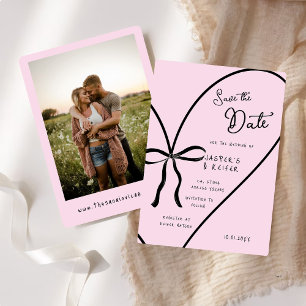 Modern Pink Heart Bow Photo Wedding Save The Date Invitation
