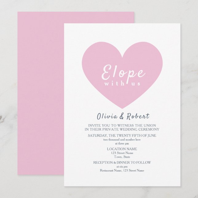 Modern Pink Heart Elopement Wedding Invitation (Front/Back)