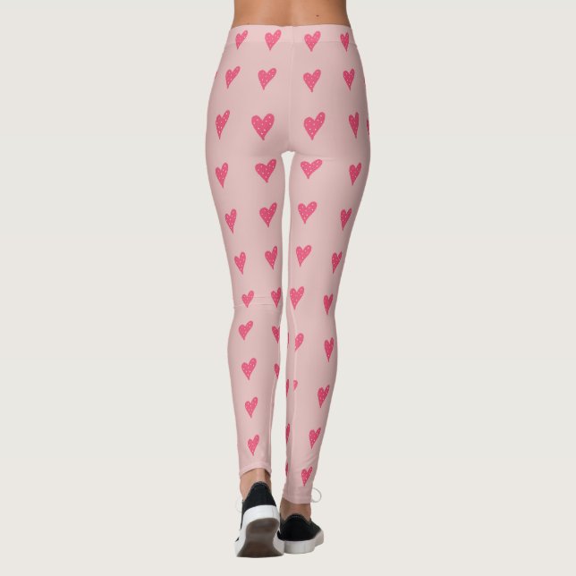 Modern Pink Heart with White Dots Pattern  Leggings (Back)