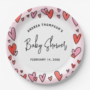 Modern Pink Hearts Valentine Baby Shower Paper Plate