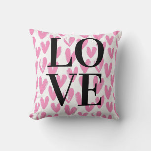 Modern pink hearts watercolor text calligraphy cushion