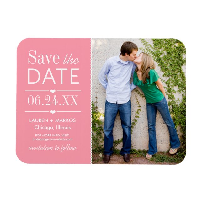 Modern Pink Hearts Wedding Photo Save the Date Magnet (Horizontal)