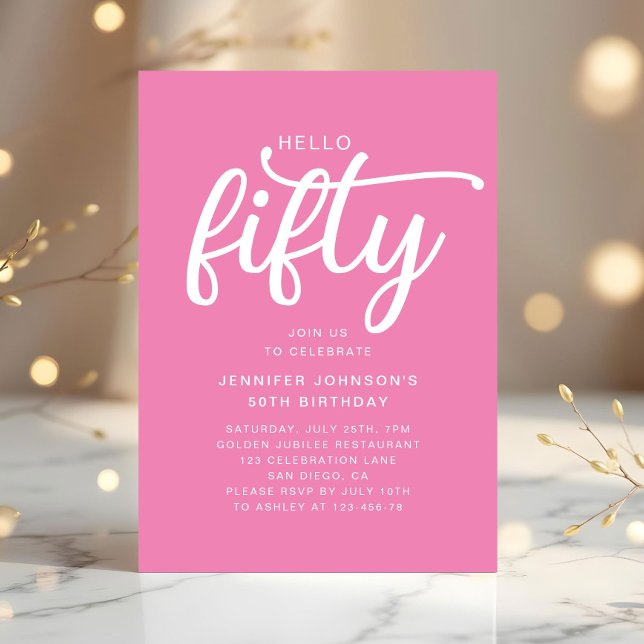 Modern Pink Hello 50th Birthday Invitation (Modern Pink Hello 50th Birthday Invitation)