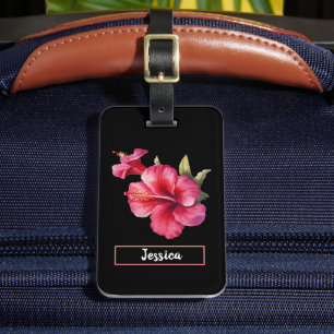 Modern Pink Hibiscus Flowers Customisable Luggage Tag
