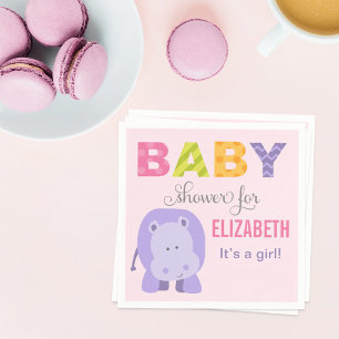 Modern Pink Hippo Jungle Animal Girl Baby Shower Napkin