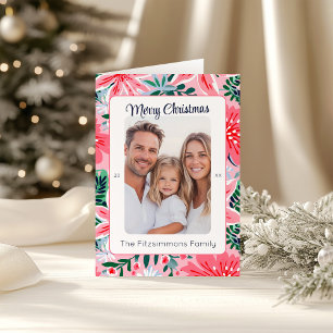 Modern Pink Holiday Floral Photo Card