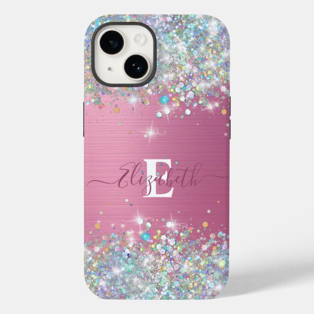 Modern Pink Holographic Faux Glitter Monogram Case-Mate iPhone Case (Back)