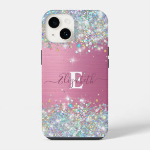 Modern Pink Holographic Faux Glitter Monogram iPhone 14 Case
