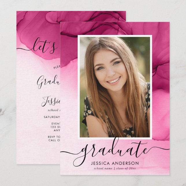 Modern Pink Ink Graduation Party Photo Invitation (Front/Back)