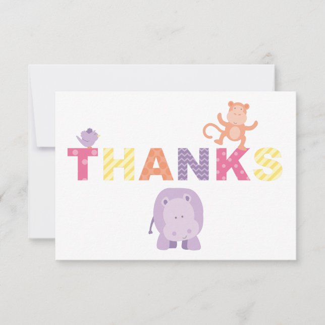 Modern Pink Jungle Animals Baby Girl Shower Thank You Card (Front)