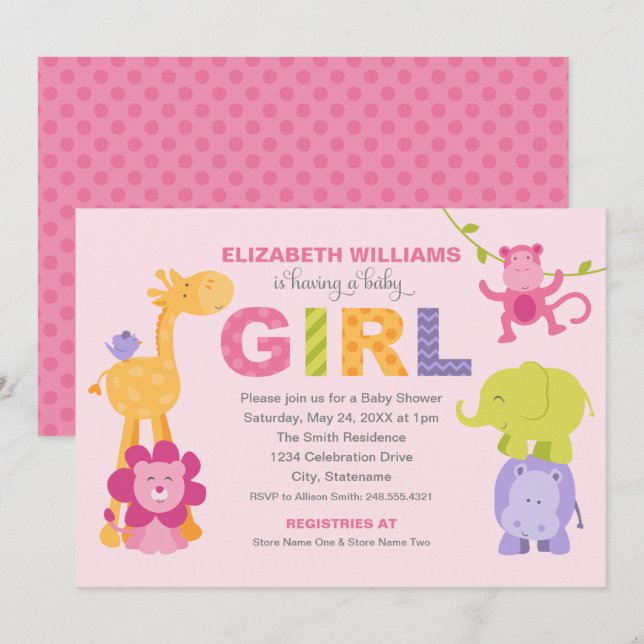 Modern Pink Jungle Animals Girl Baby Shower Invitation (Front/Back)