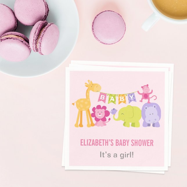 Modern Pink Jungle Animals Girl Baby Shower Napkin (Creator Uploaded)