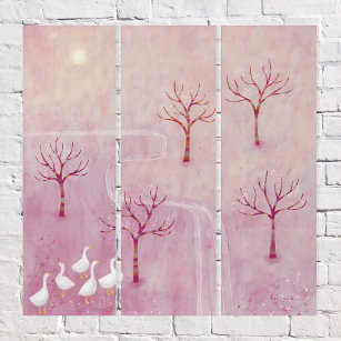 Modern Pink Landscape Geese Orchard Triptych