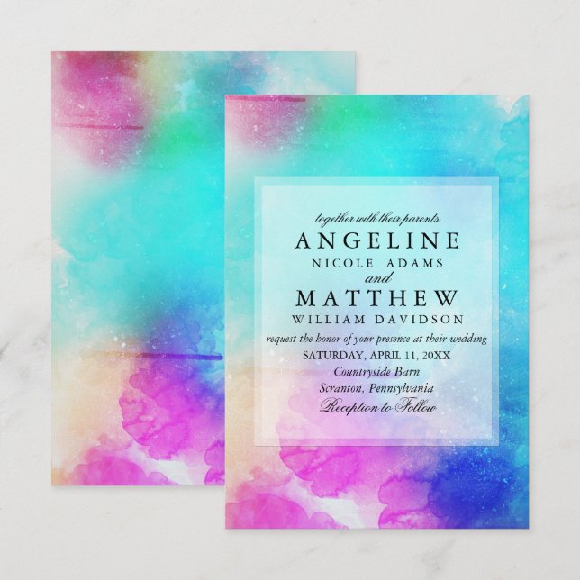 Modern Pink Leaf Watercolor Wedding Invitation (Front/Back)