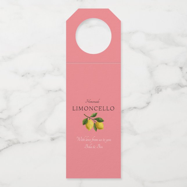 Modern Pink Lemon Wedding Limoncello Bottle Tag (Front)