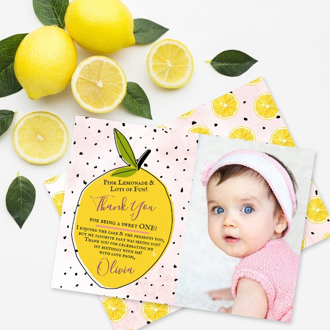 Modern Pink Lemonade 1st Birthday Photo Thank You Card (Creator Uploaded)