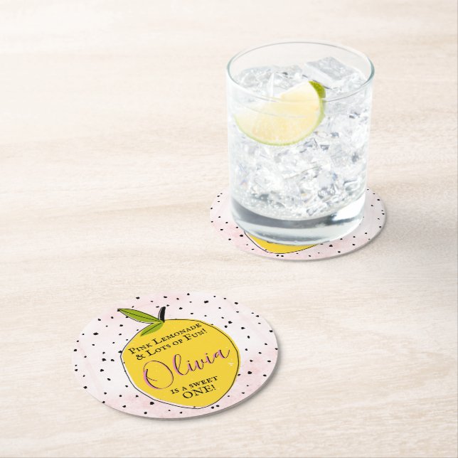 Modern Pink Lemonade 1st Birthday Round Paper Coaster (Insitu)