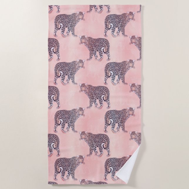Modern Pink Leopard Animal Pattern Beach Towel (Front)