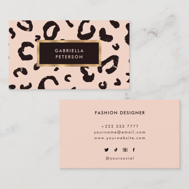 Modern Pink Leopard & Gold Frame Business Card (Front/Back)