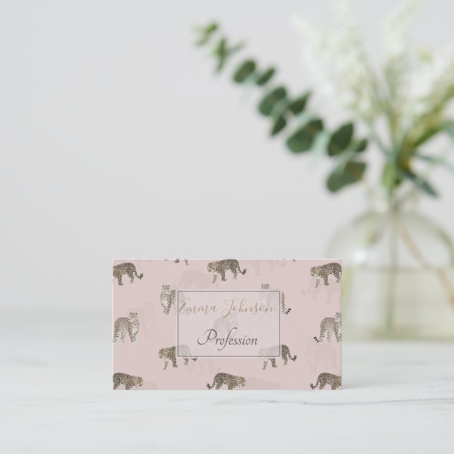 Modern Pink Leopard Jungle Animals Business Card (Standing Front)