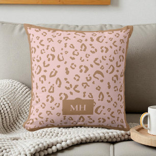 Modern Pink Leopard Pattern Initials Monogram Cushion