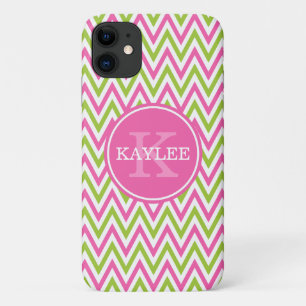 Modern Pink Lime Green Chevron & Monogram iPhone 11 Case
