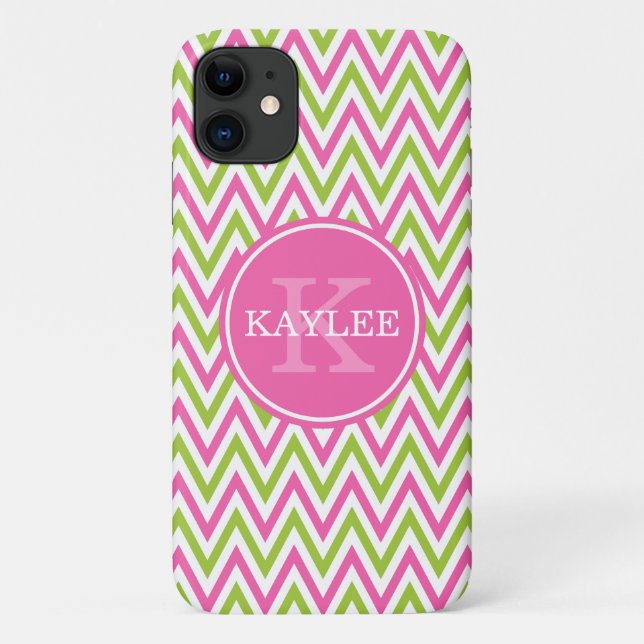Modern Pink Lime Green Chevron & Monogram Case-Mate iPhone Case (Back)