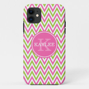Modern Pink Lime Green Chevron & Monogram iPhone 11 Case