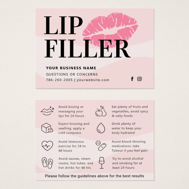 Modern Pink Lip Filler Aftercare Instructions Card (Front & Back)