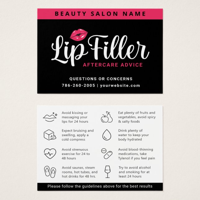 Modern Pink Lip Filler Aftercare Instructions Card (Front & Back)