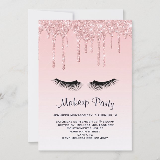 Modern Pink Liquid Glitter & Eyelashes Birthday Invitation (Front)