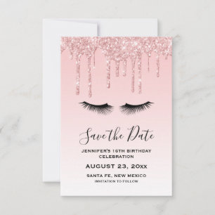 Modern Pink Liquid Glitter & Eyelashes Birthday Save The Date