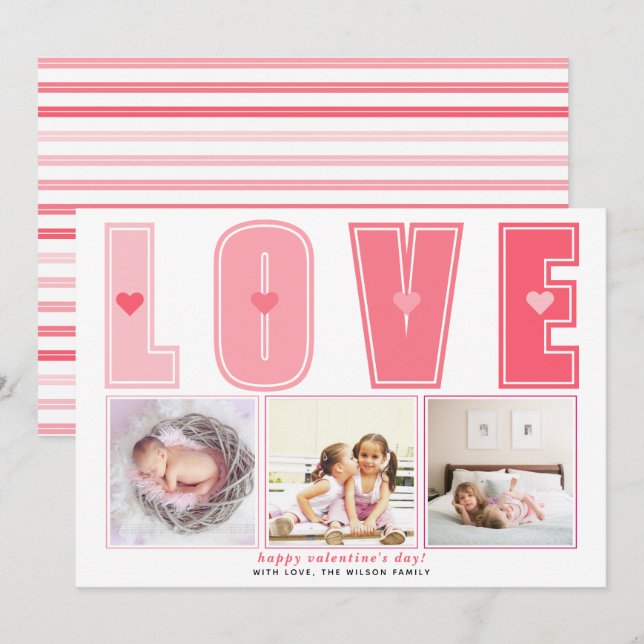 Modern pink LOVE Valentines Day hearts photo Holiday Card (Front/Back)