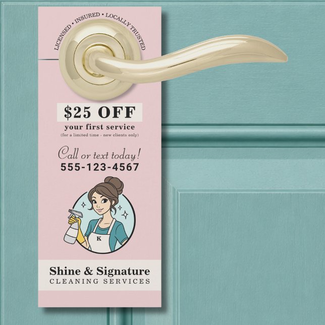 Modern Pink Maid Cleaning Services Door Hanger (Small Door Hanger Mockup)