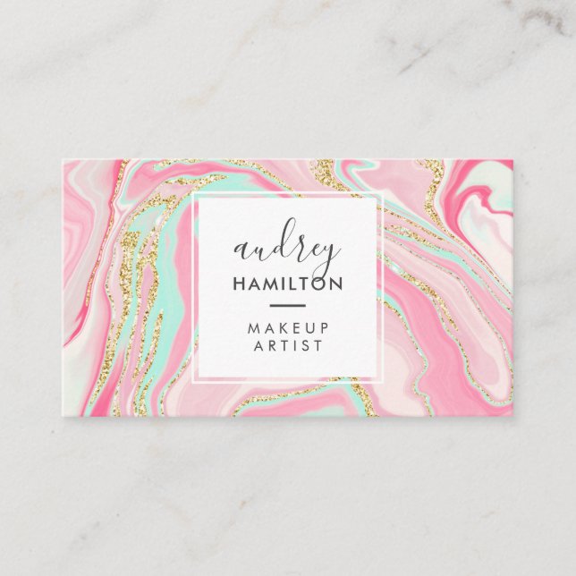 Modern pink marble chic gold elegant makeup artist business card (Front)