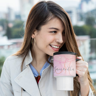 Modern Pink Marble & Glitter Sparkles  Name Travel Mug