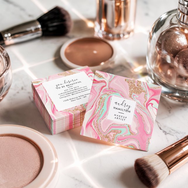Modern pink marble rose gold elegant makeup artist square business card (Modern pink marble rose gold elegant makeup artist)