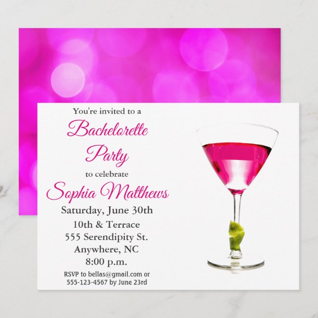 Modern Pink Martini Cocktail Bachelorette Party Invitation (Front/Back)